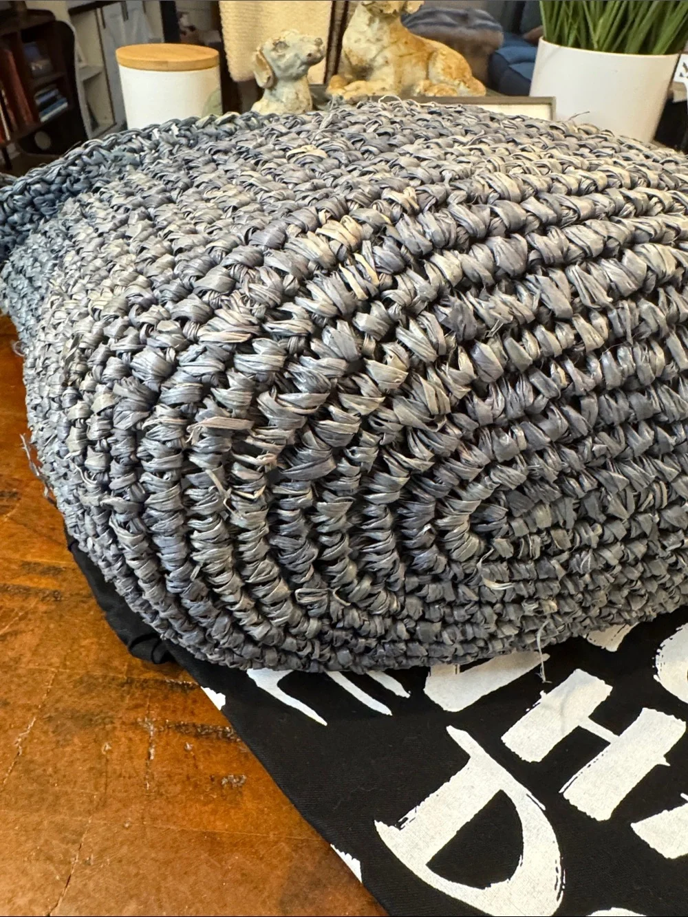 Kurt Geiger Gray Crocheted Raffia Hobo Bag with Beaded Charm